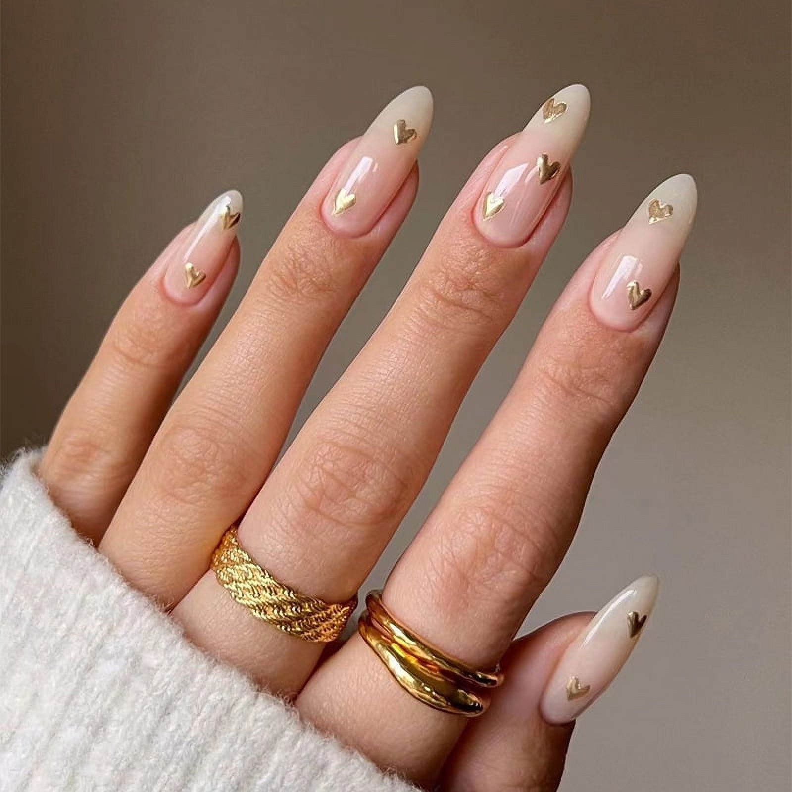 Rainsin Long Pointed Shape with Gold Heart Motif Press on Nails,Full  Coverage Glossy Ladies' False Nails,Valentine's Day Gifts for Women 